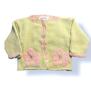Luba Robert Baby Girls 12M Knit Cardigan Green Pink Flowers Buttons Made in USA
